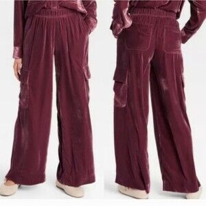 Universal Thread S Maroon Women Mid-Rise Wide Leg Velvet Cargo Pants